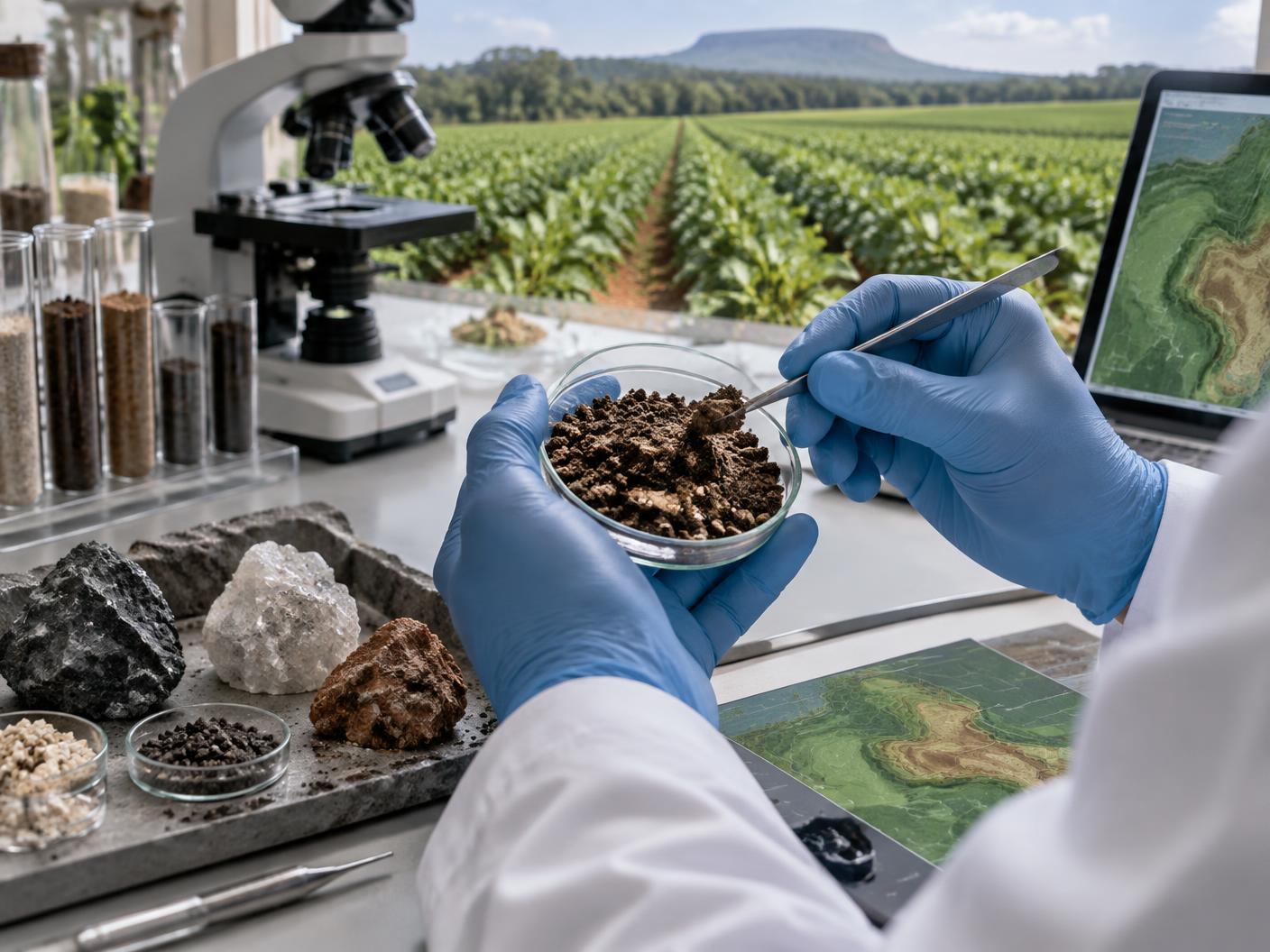 Análise científica de amostra de solo com minerais, microscópio, mapas e lavoura